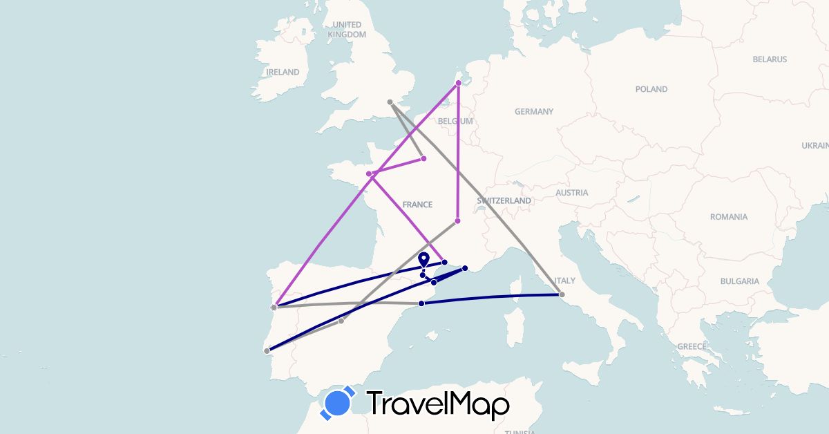 TravelMap itinerary: driving, plane, train in Spain, France, United Kingdom, Italy, Netherlands, Portugal (Europe)